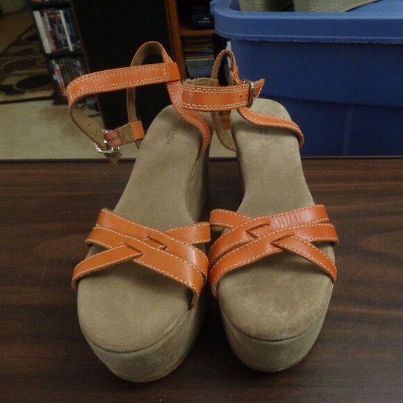 VTG 90s American Eagle Outfitters Sandals Size 9 Ankle Strap Wedge Tan Leather - Picture 1 of 2